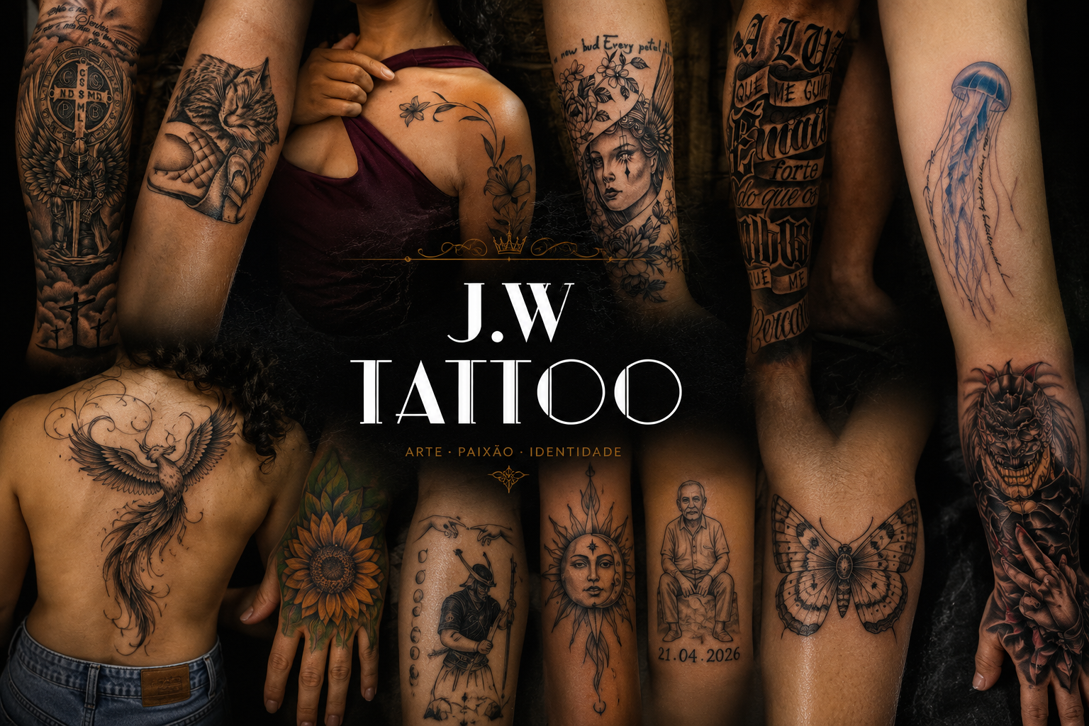 Composição premium com tatuagens autorais e logo J.W Tattoo