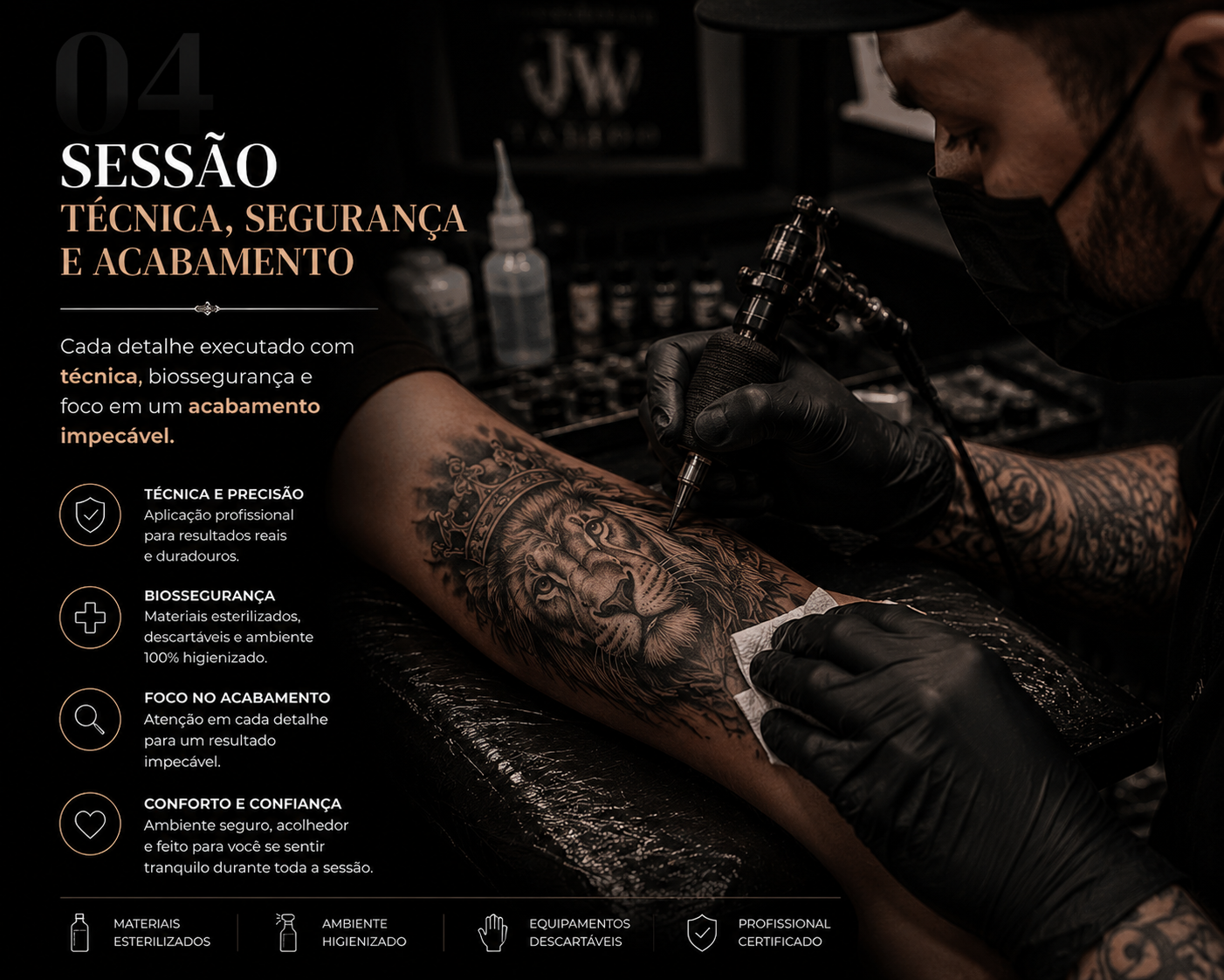 Etapa 4: sessão da tatuagem com técnica, biossegurança e acabamento